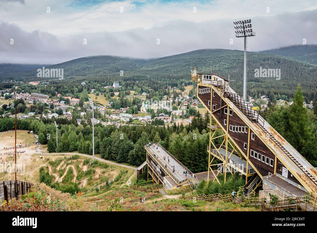Harrachov,Czech Republic-August 13,2022.Big ski jump in summer,real attraction for sports fans.Five ski jumps are located at the northern slope Stock Photo