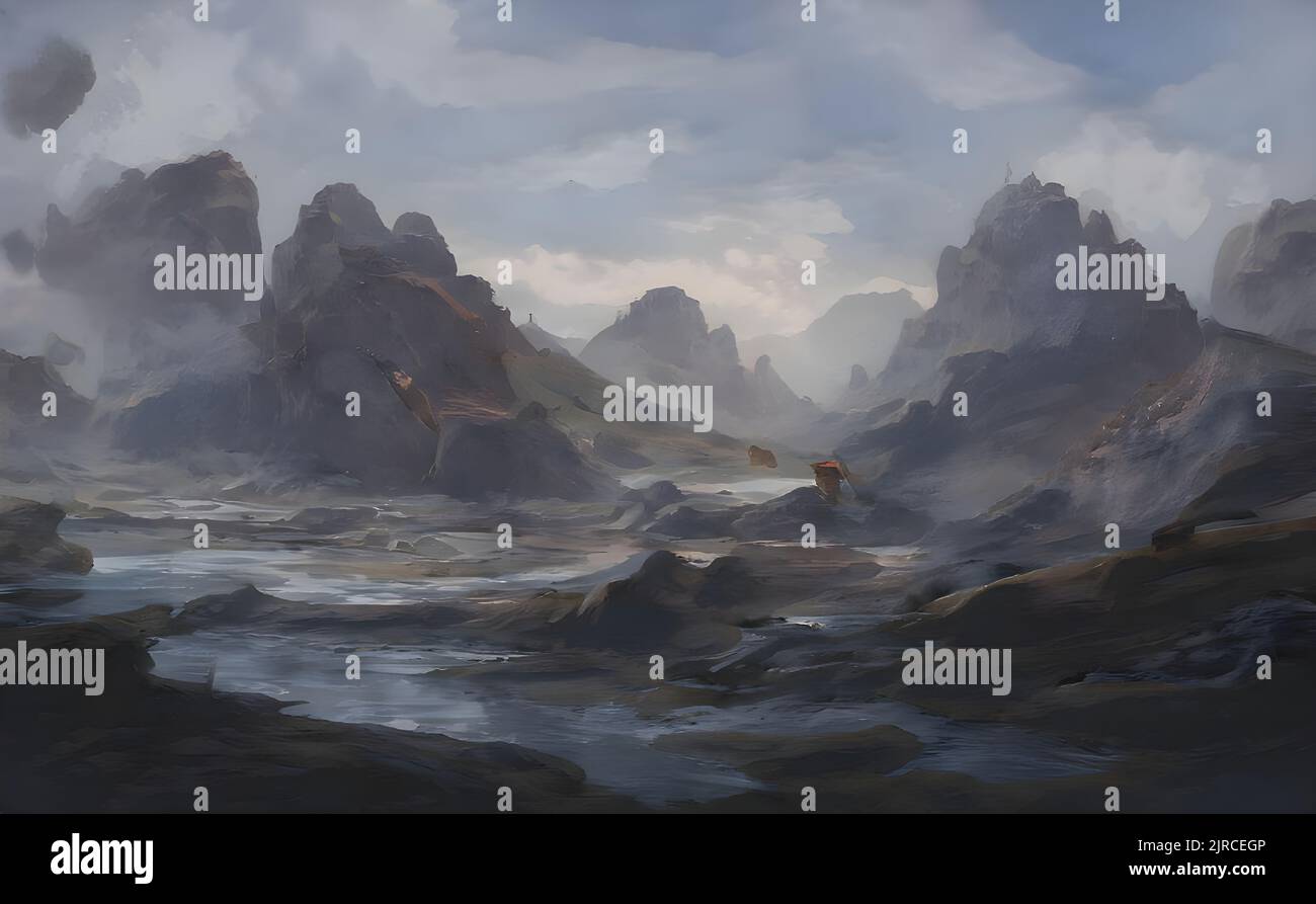 An illustration of a river flowing through the mountains under the ...