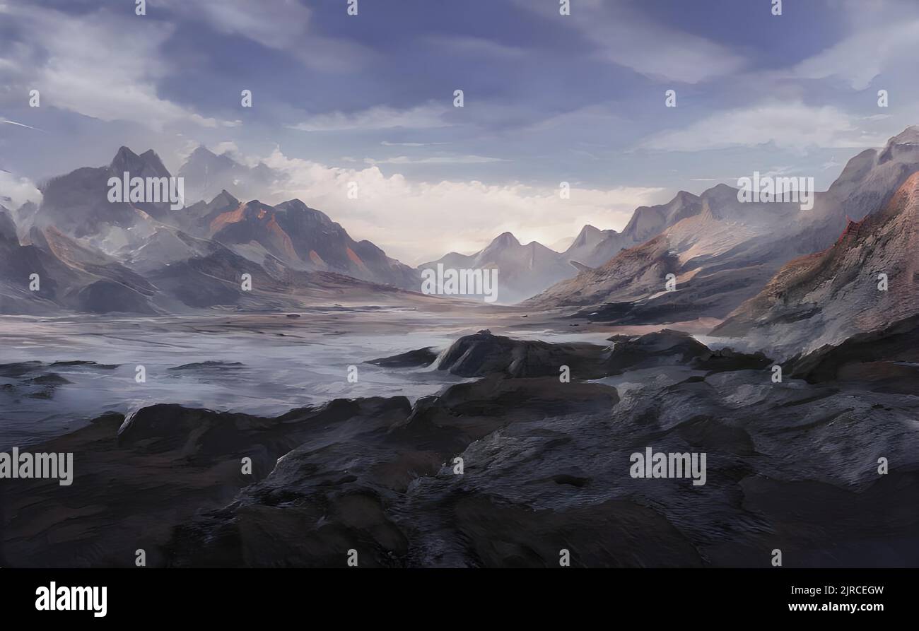 An illustration of a river flowing through the mountains under the ...