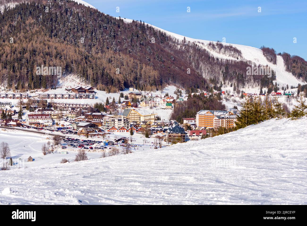 A beautiful view of snowy Donovaly village between mountains Velka Fatra and Nizke Tatry Stock Photo