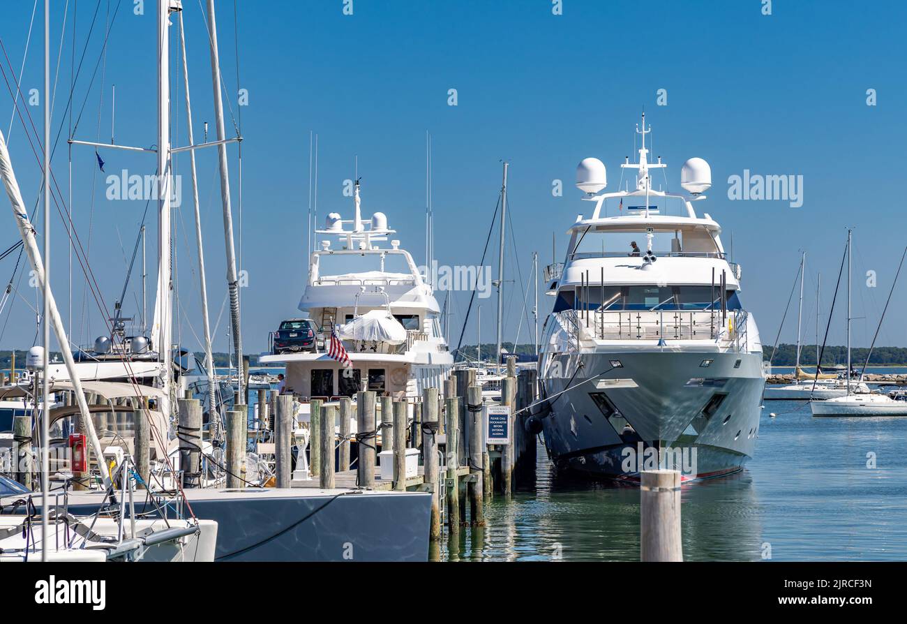 Detail image of yachts in waterfront marina in Sag Harbor Stock Photo