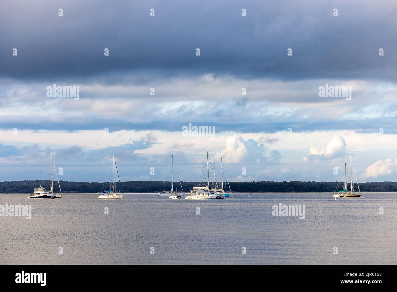 Boats at anchor in Sag Harbor Bay Stock Photo