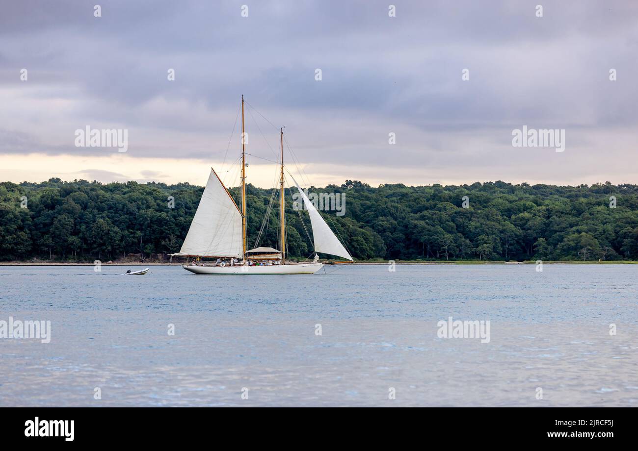 Sail boat off the coast of Shelter Island, NY Stock Photo
