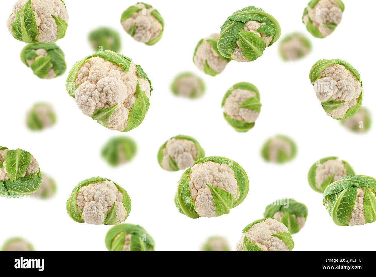 Falling cauliflower isolated on white background, selective focus Stock Photo