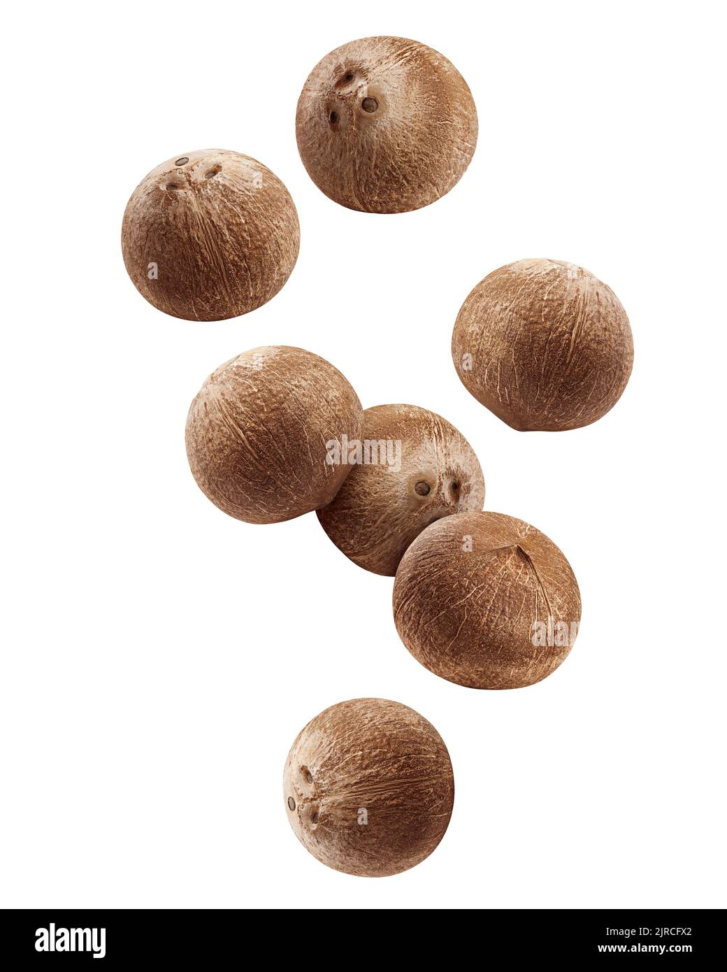 Falling coconuts whole, isolated on white background, clipping path