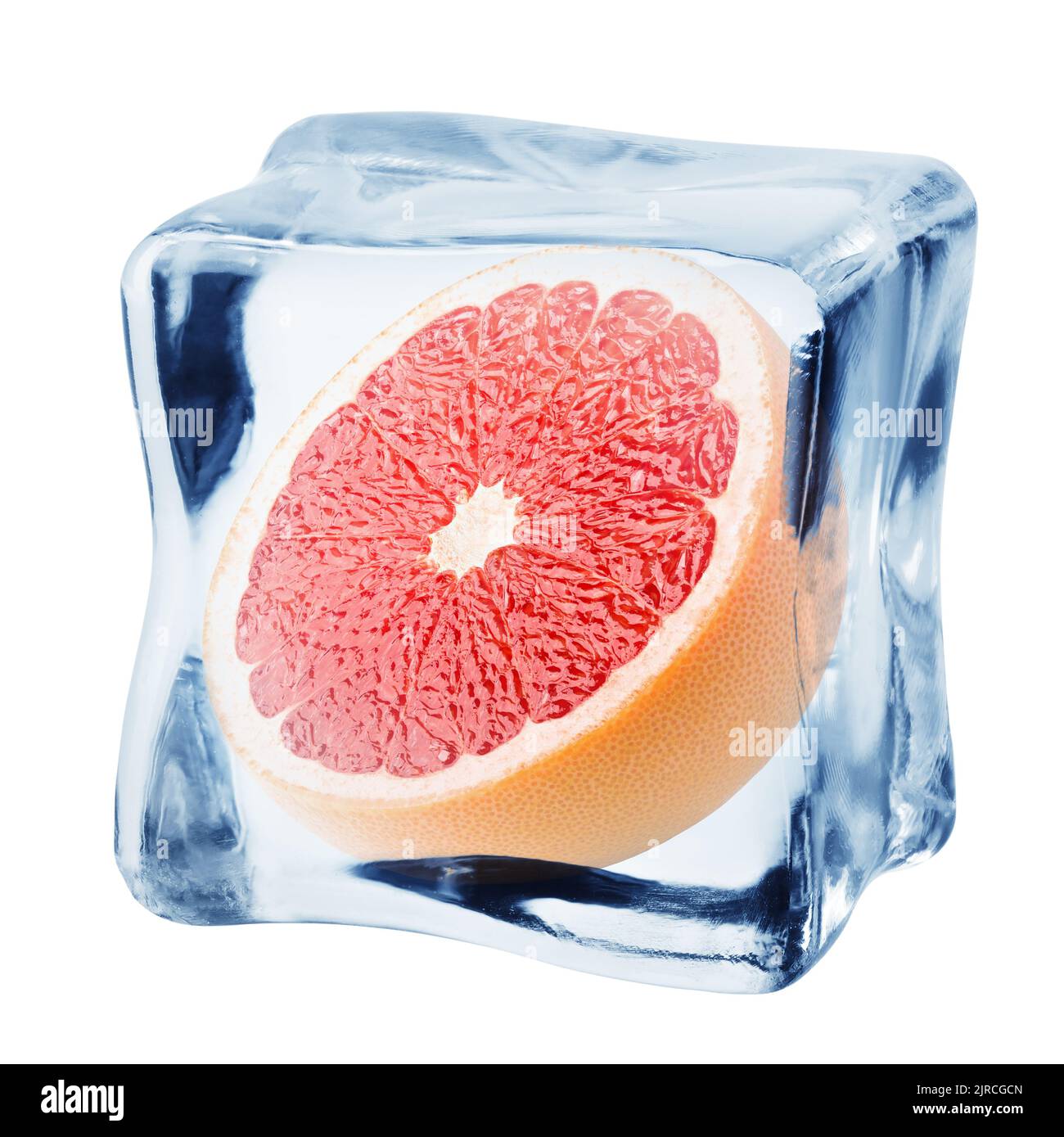 grapefruit in ice cube, isolated on white background, clipping path