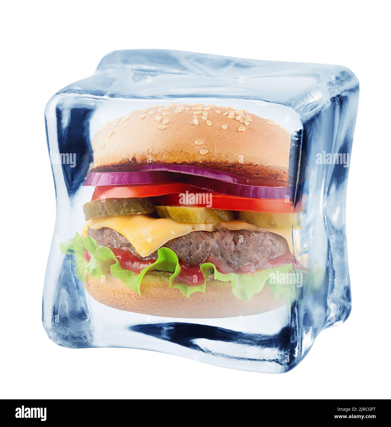 fast food, burger, hamburger, cheeseburger in ice cube, isolated on