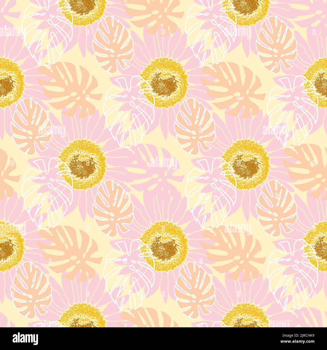 Seamless pattern with flowers and leaves. Pink floral blooming ...