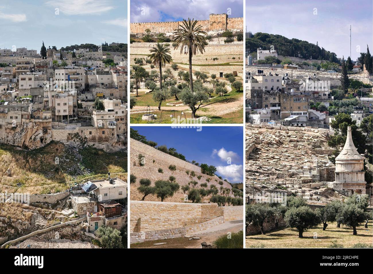 The Kidron Valley, a place of olive groves, ancient tombs and misnamed funerary monuments, divides Jerusalem's Temple Mount from the Mount of Olives. Stock Photo