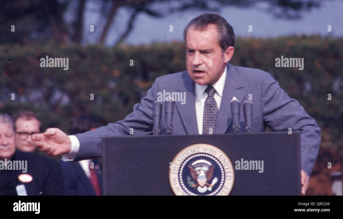 January 20, 1973, Washington, District of Columbia, United States: RICHARD M. NIXON, the 37th president of the United States of America giving a speech at his 1973 presidential inauguration. He had previously served as a U.S. Representative and a U.S. Senator from California. Although credited with ending American fighting in Vietnam, improving international relations with the U.S.S.R. and China, he became the only President to ever resign the office, as a result of the Watergate scandal. By the time of his death on April 22, 1994, he had written numerous books on his experiences in public li Stock Photo
