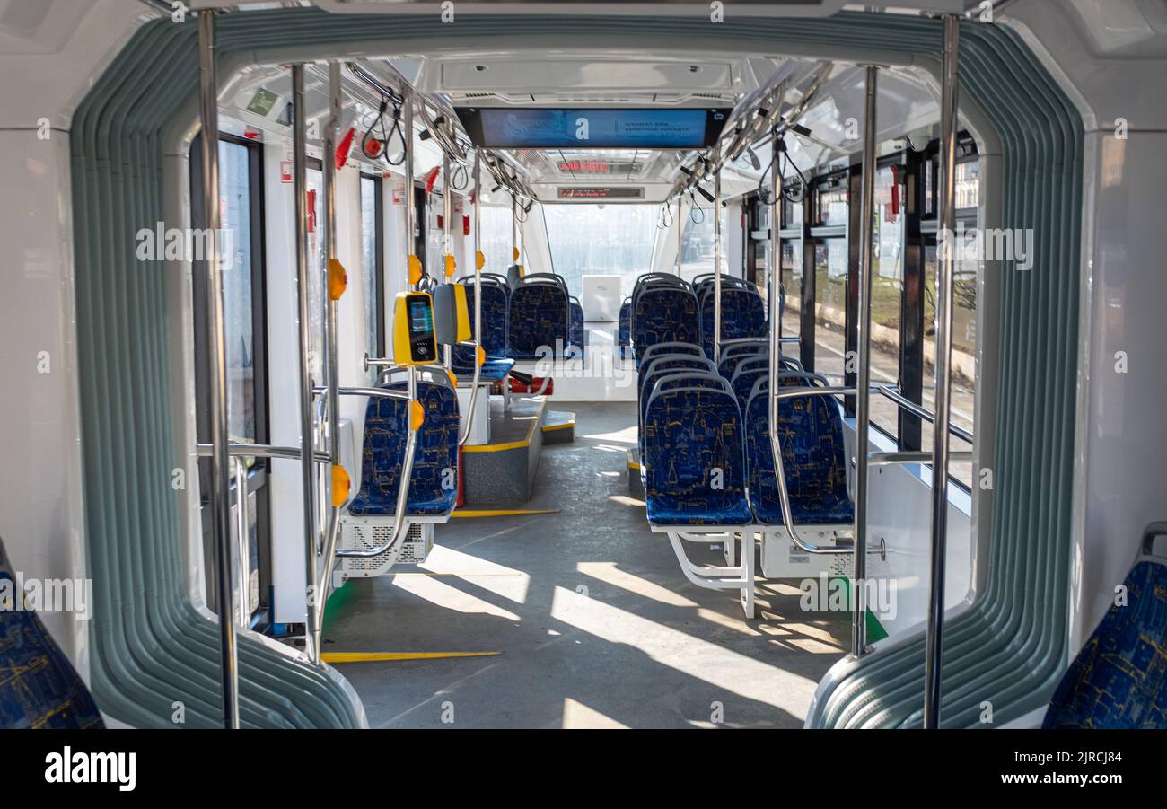 January 21, 2022, Moscow, Russia. Salon of a modern tram Vityaz-M on one of the streets of the Russian capital. Stock Photo