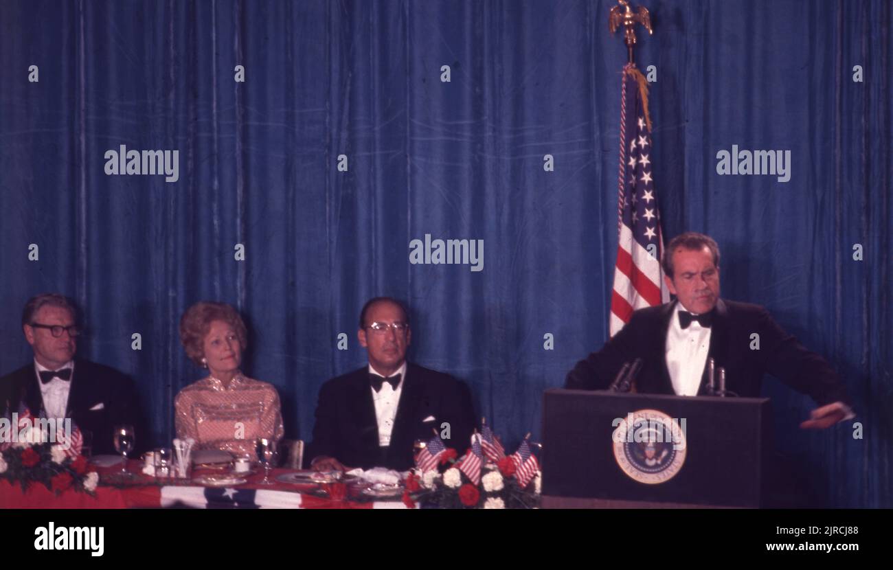 January 20, 1973, Washington, District of Columbia, United States: RICHARD M. NIXON, the 37th president of the United States of America giving a speech at his 1973 presidential inauguration dinner. He had previously served as a U.S. Representative and a U.S. Senator from California. Although credited with ending American fighting in Vietnam, improving international relations with the U.S.S.R. and China, he became the only President to ever resign the office, as a result of the Watergate scandal. By the time of his death on April 22, 1994, he had written numerous books on his experiences in pu Stock Photo
