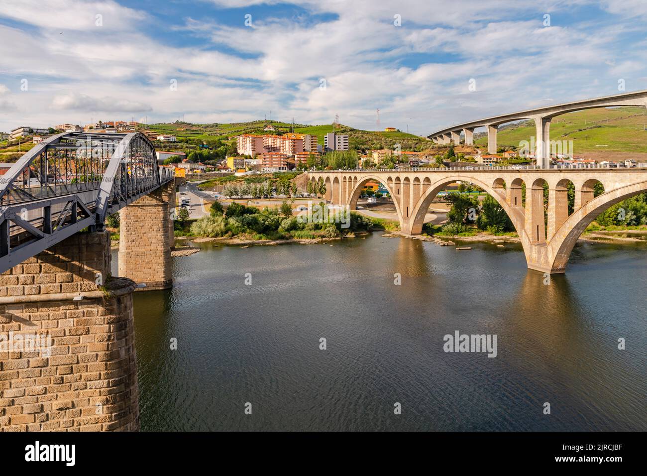 Three bridges cross the Douro at Peso da Regua, connecting the vineyards in the World Heritage Site of Alto Douro, Portugal Stock Photo