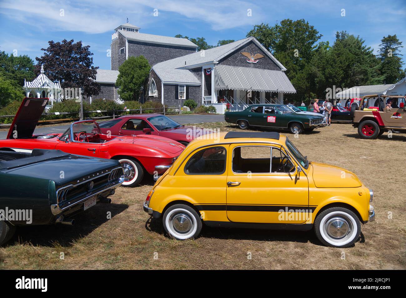 An antique auto show and the Dennis Playhouse in Dennis, Massachusetts, Cape Cod, USA Stock Photo