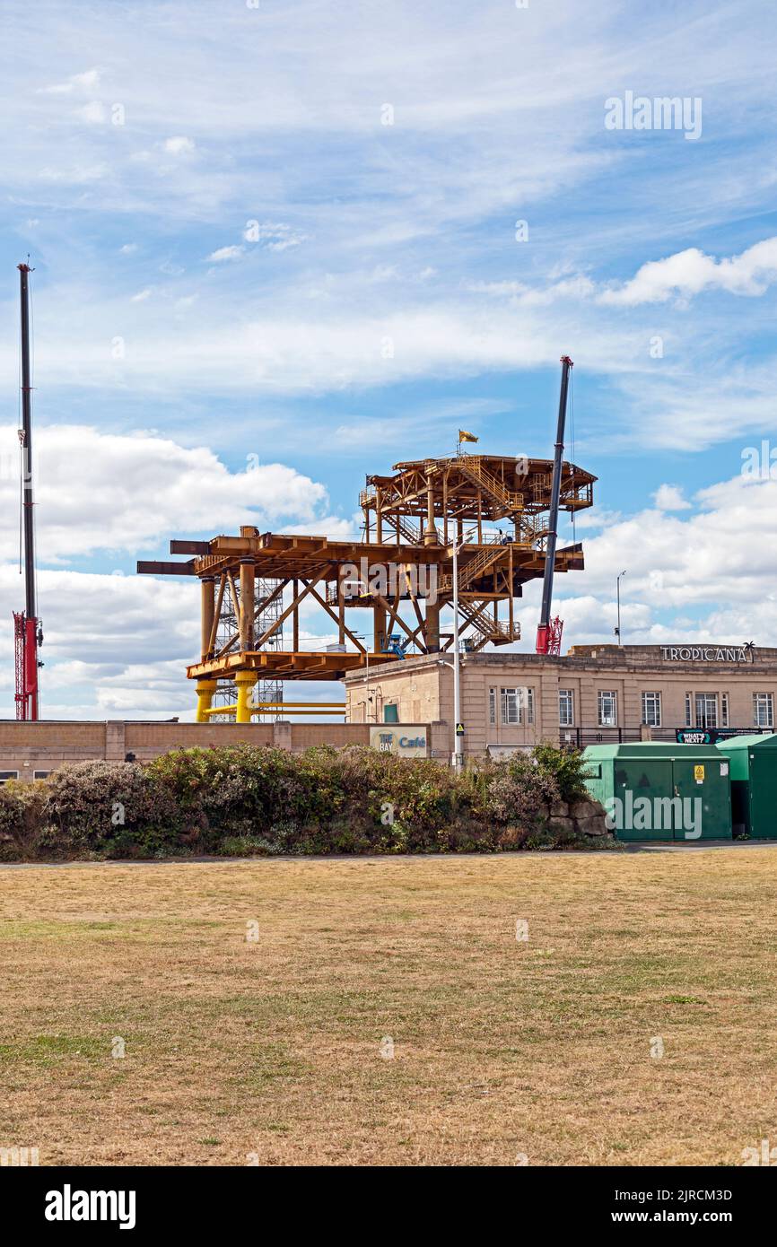 Weston-super-Mare, UK, 4 August 2022. See Monster under construction at the Tropicana. See Monster, which is part of the UNBOXED festival, is a temporary public art installation featuring a repurposed offshore gas platform and is scheduled to open to the public at the end of August. Stock Photo