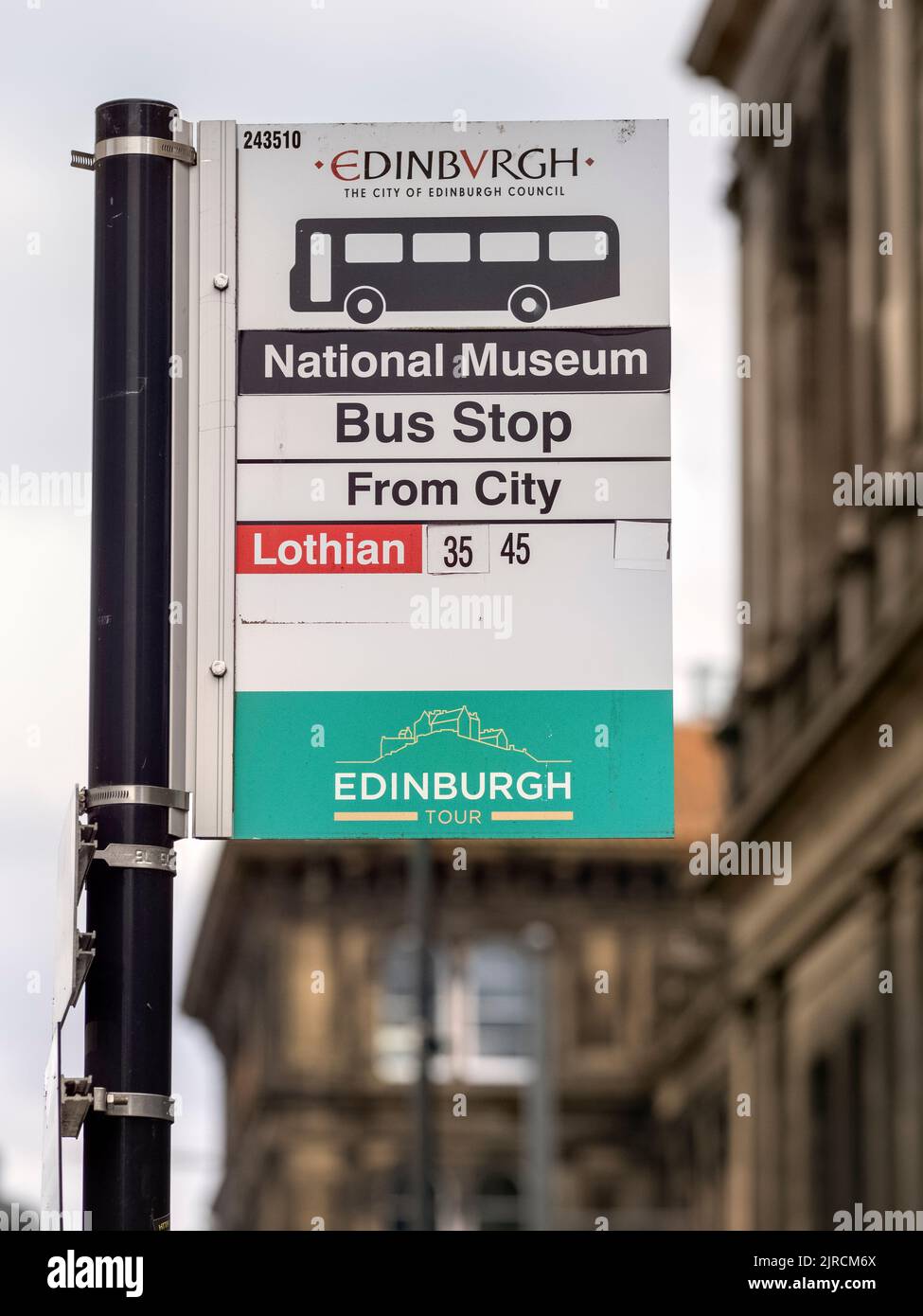 Bus Stop for the National Museum of Scotland, Edinburgh, UK. Stock Photo