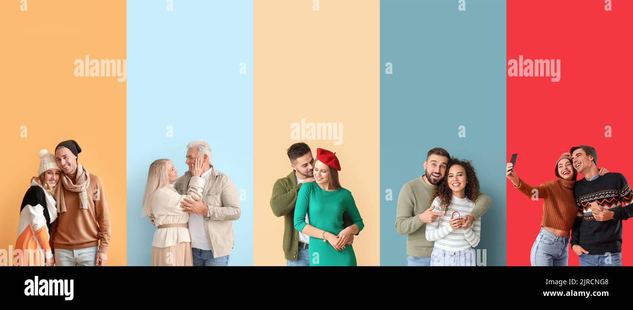 Group of happy couples in autumn clothes on color background with space for text Stock Photo