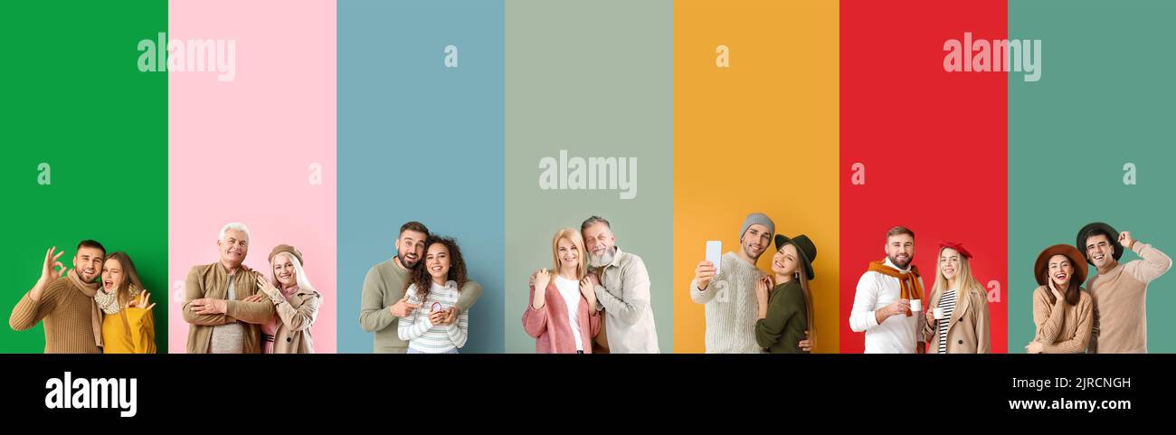 Collection of happy couples in autumn clothes on color background with space for text Stock Photo