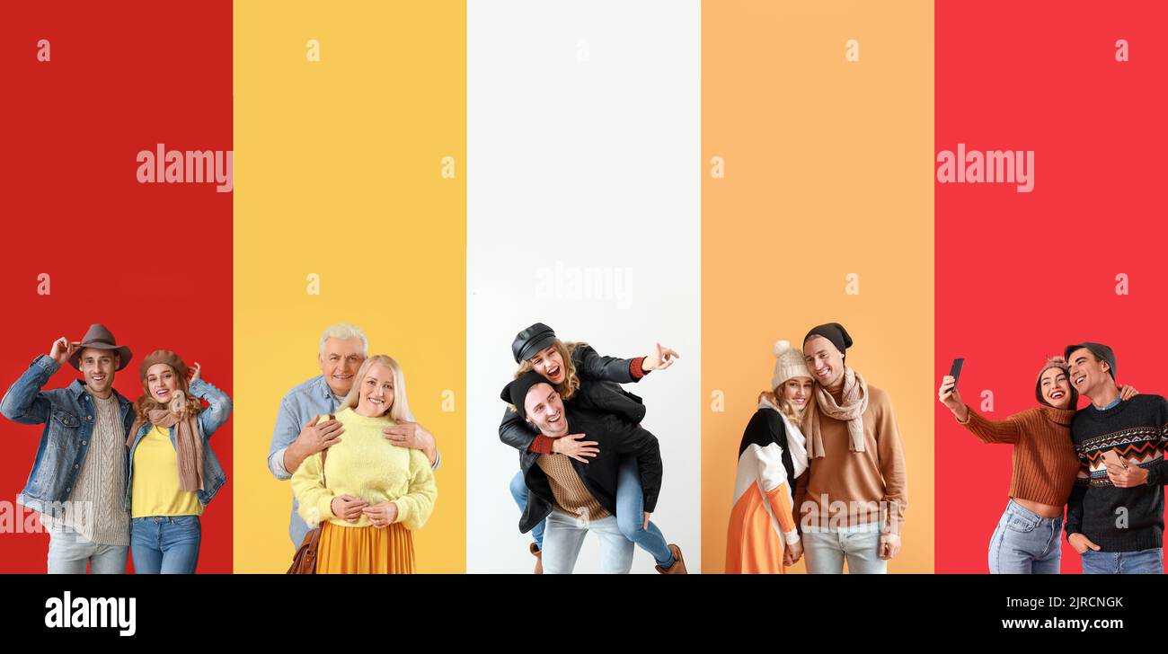 Collage of happy couples in autumn clothes on color background with space for text Stock Photo