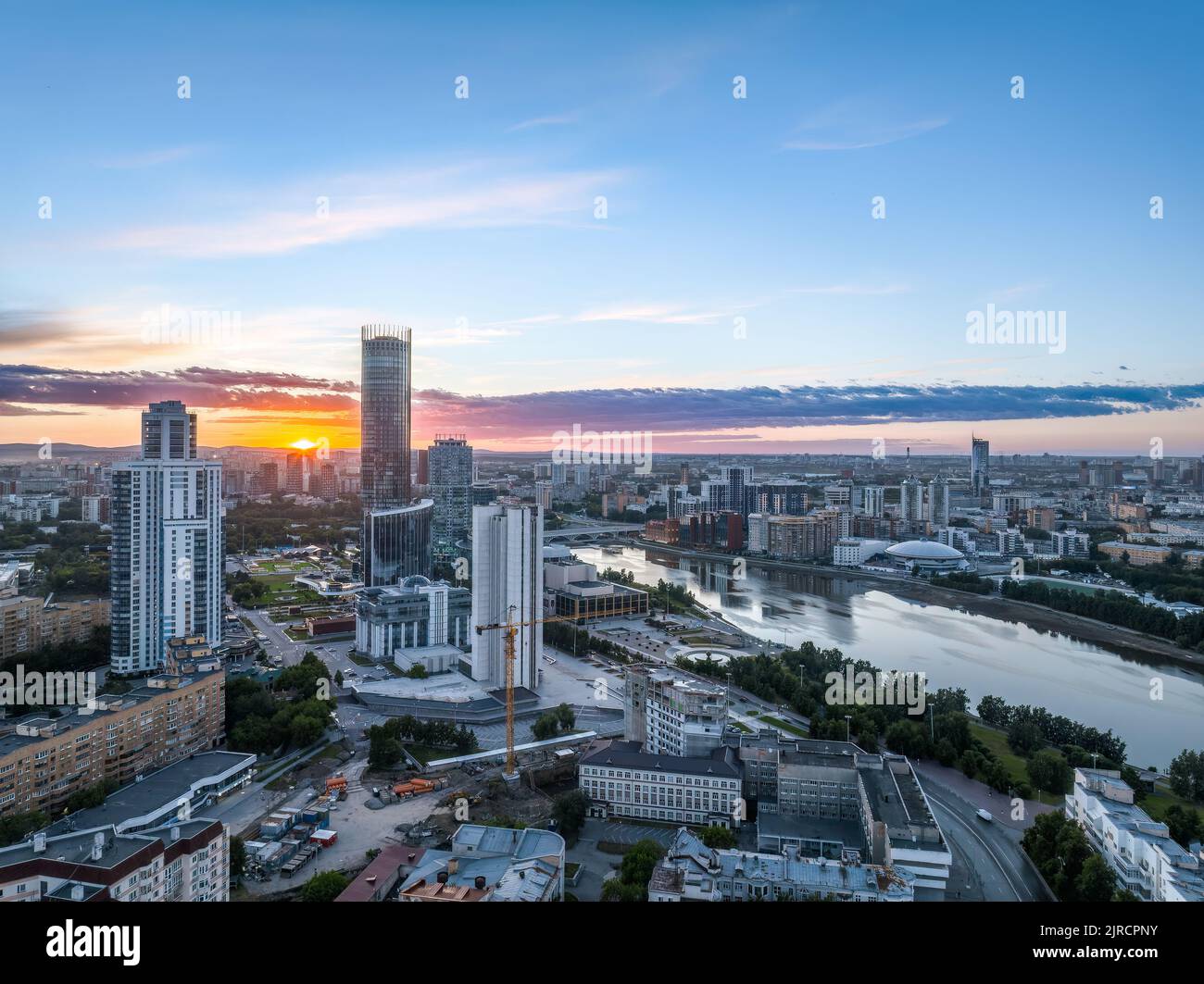 Yekaterinburg city and pond aerial panoramic view at summer sunset ...