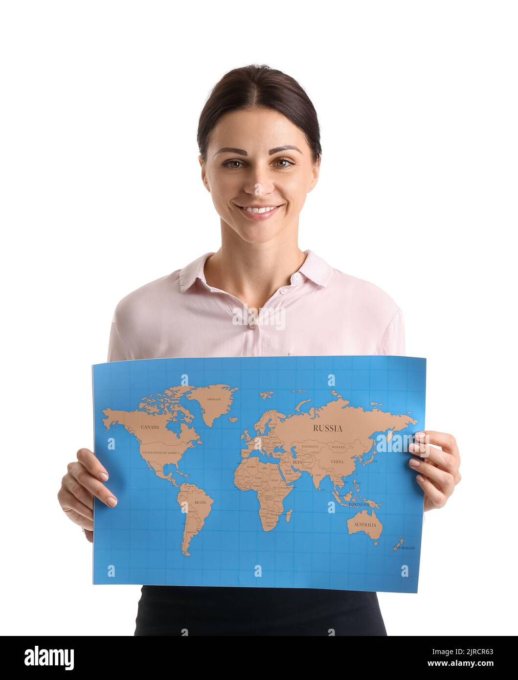 Female Geography teacher with world map on white background Stock Photo