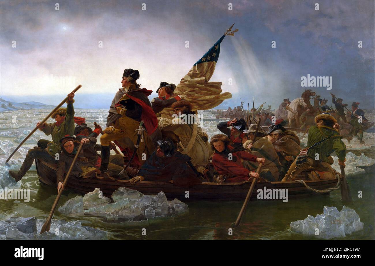 Washington Crossing the Delaware painted by Emanuel Leutze. The painting depicts the moment when the newly formed American Continental Army, led by George Washington, crossed the Delaware river and caught the Hessian troops by surprise Stock Photo