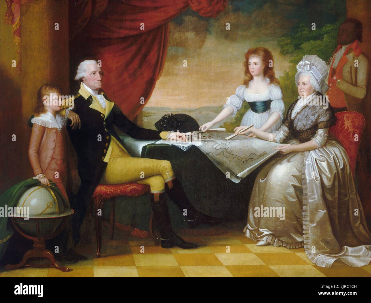 Washington's Family by Edward Savage, painted between 1789 and 1796, shows (from left to right): George Washington Parke Custis, George Washington, Eleanor Parke Custis, Martha Washington, and an enslaved servant: probably William Lee or Christopher Sheels. Stock Photo