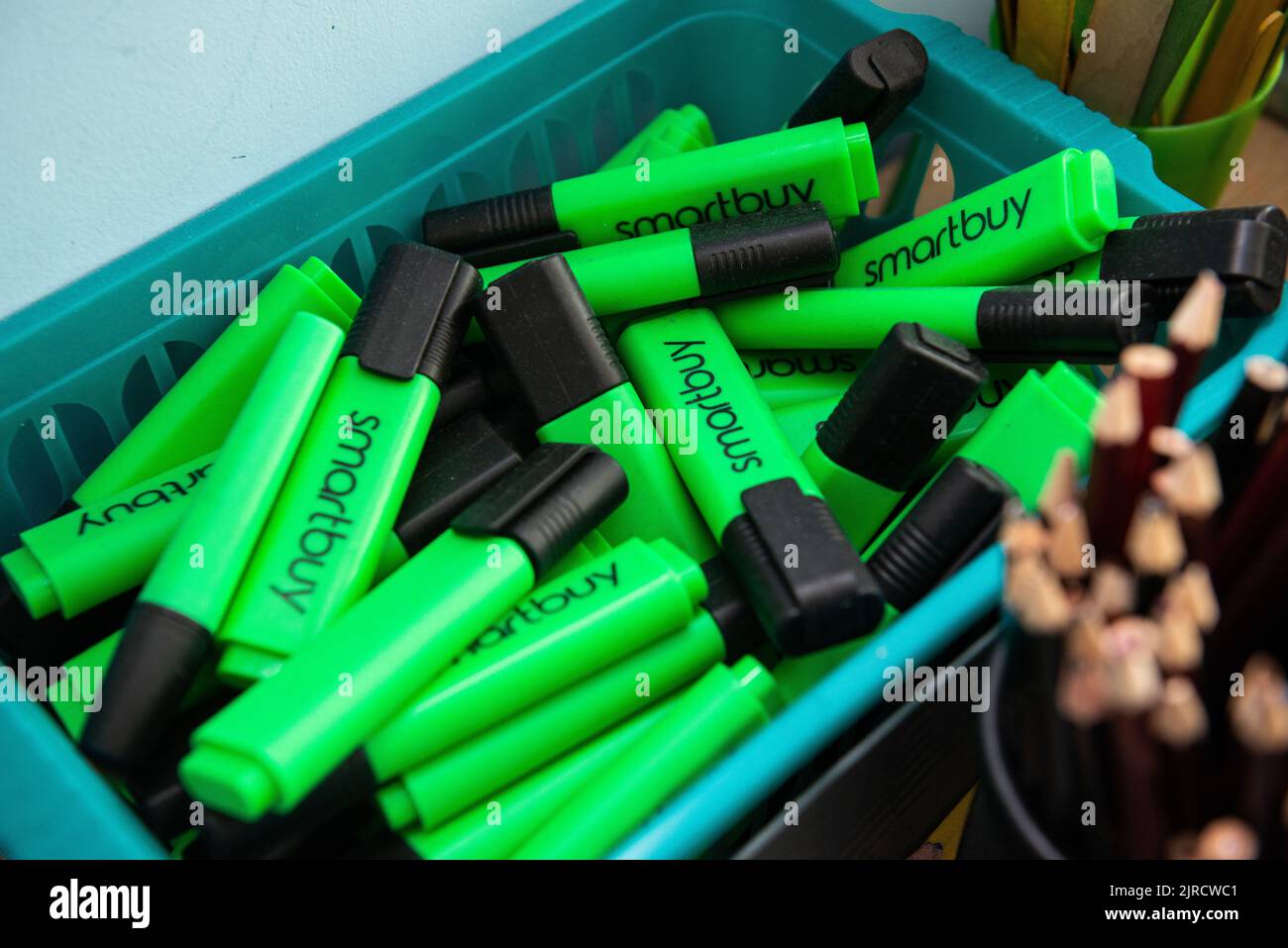 Backet of Green Highlighter pens Stock Photo