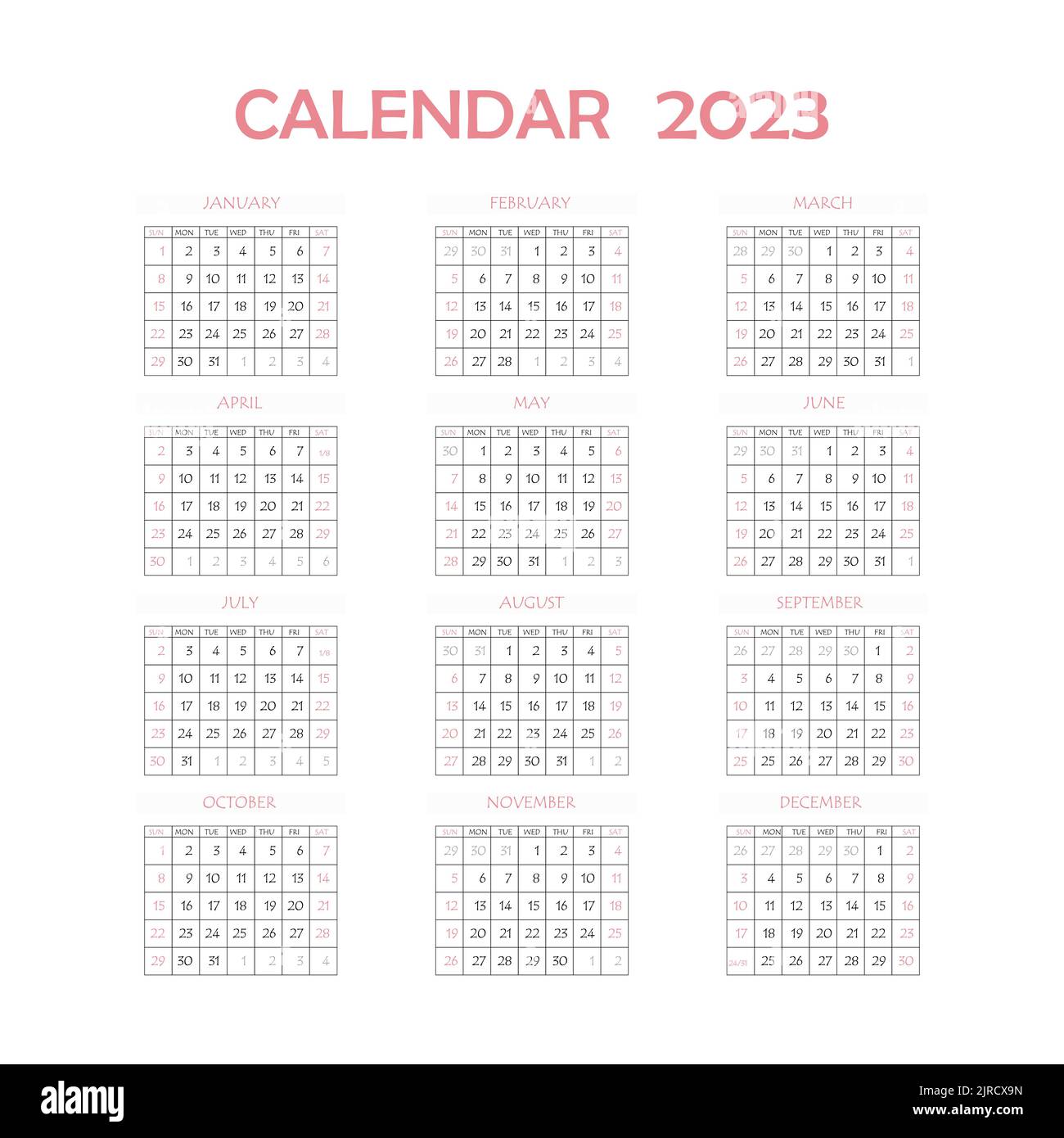 2023 calendar planner. Corporate week. Template layout, 12 months