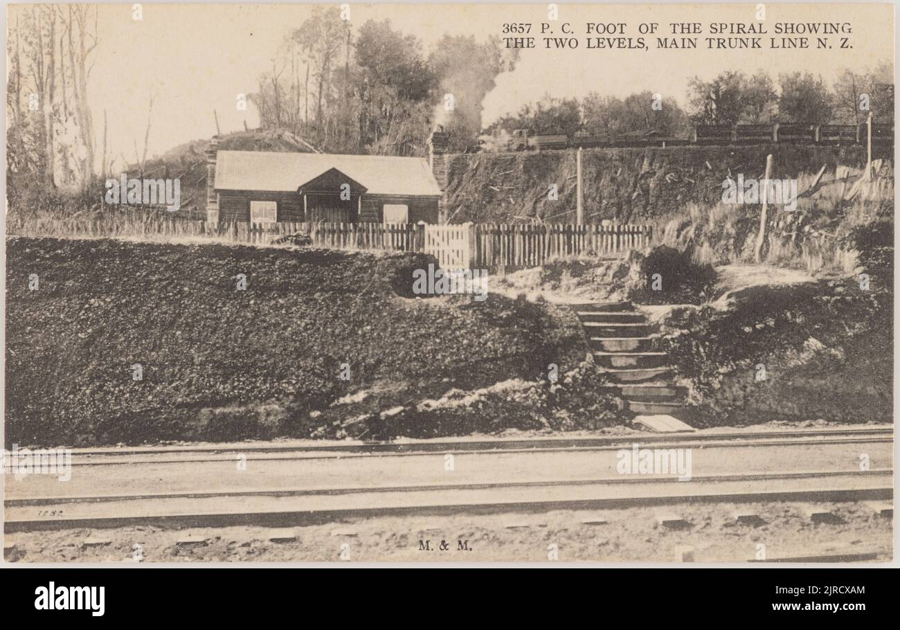 Foot of the Spiral showing the two levels, Main Trunk Line, New Zealand, 1909, Whanganui, by Muir & Moodie. Stock Photo