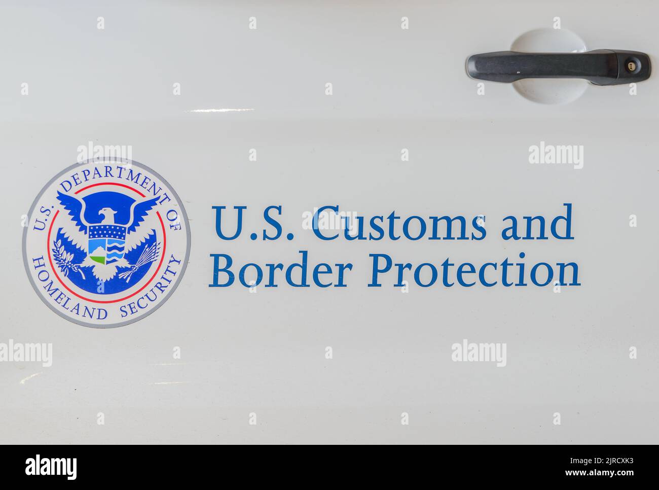 NEW ORLEANS, LA, USA - APRIL 24, 2022: Agency logo and name on side of vehicle for U.S. Customs and Border Protection, Department of Homeland Security Stock Photo