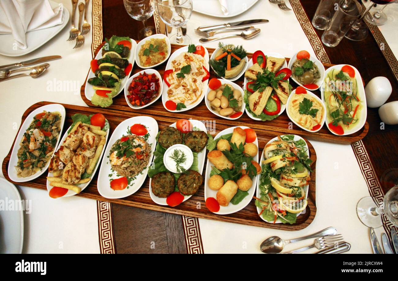 Traditional Turkish appetizer foods (Turkish Meze) on the restaurant