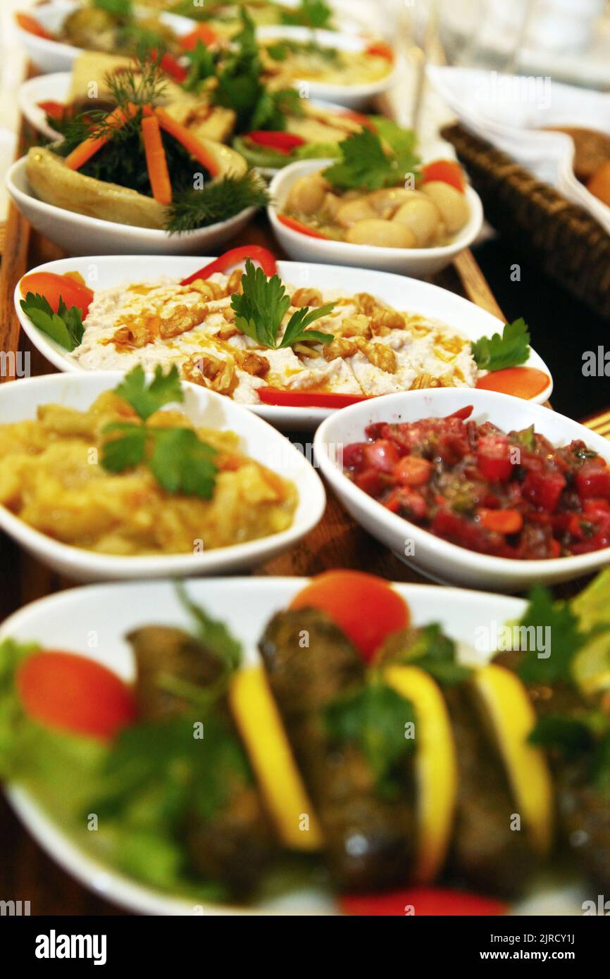 Traditional Turkish appetizer foods (Turkish meze) on the restaurant