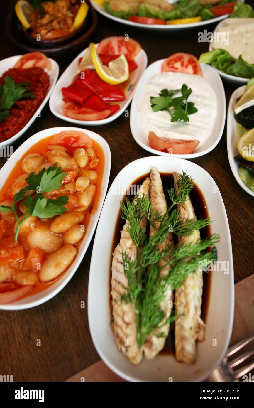 Traditional Turkish appetizer foods (Turkish meze) on the restaurant