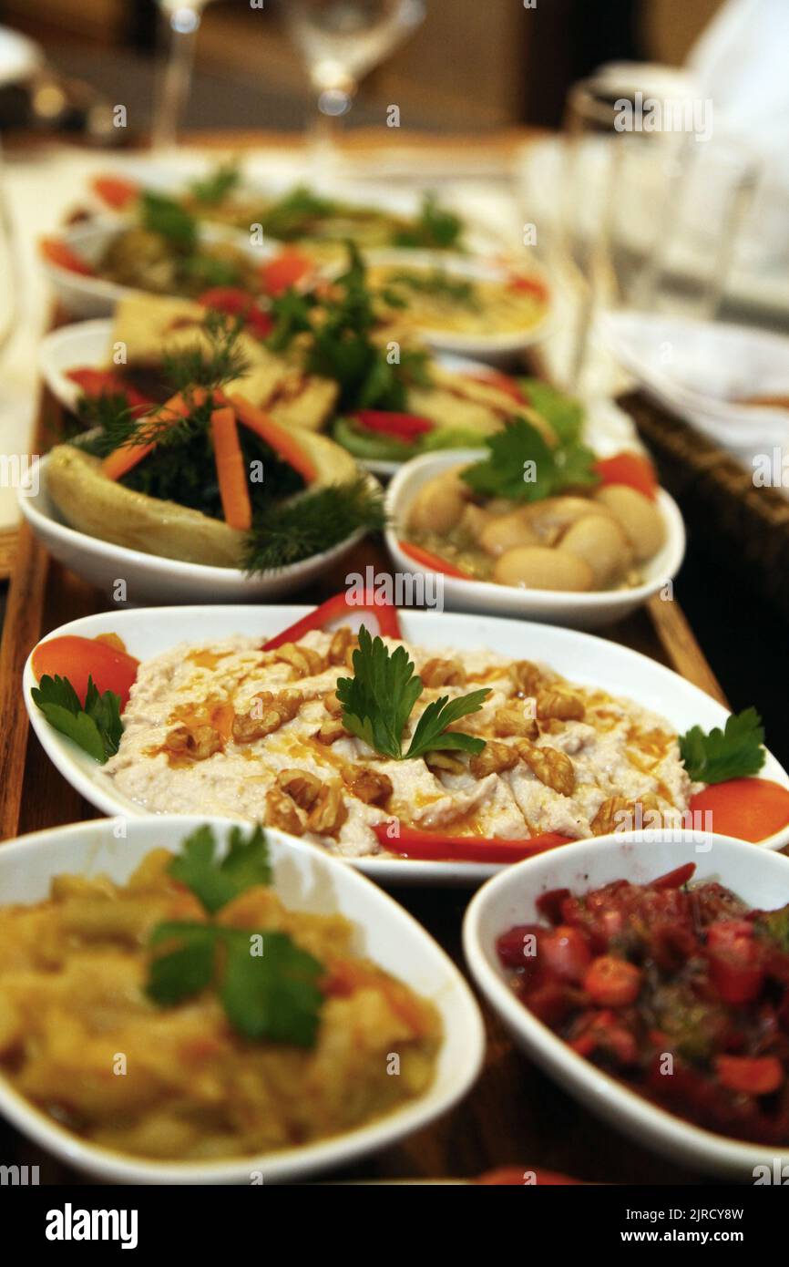 Traditional Turkish appetizer foods (Turkish meze) on the restaurant