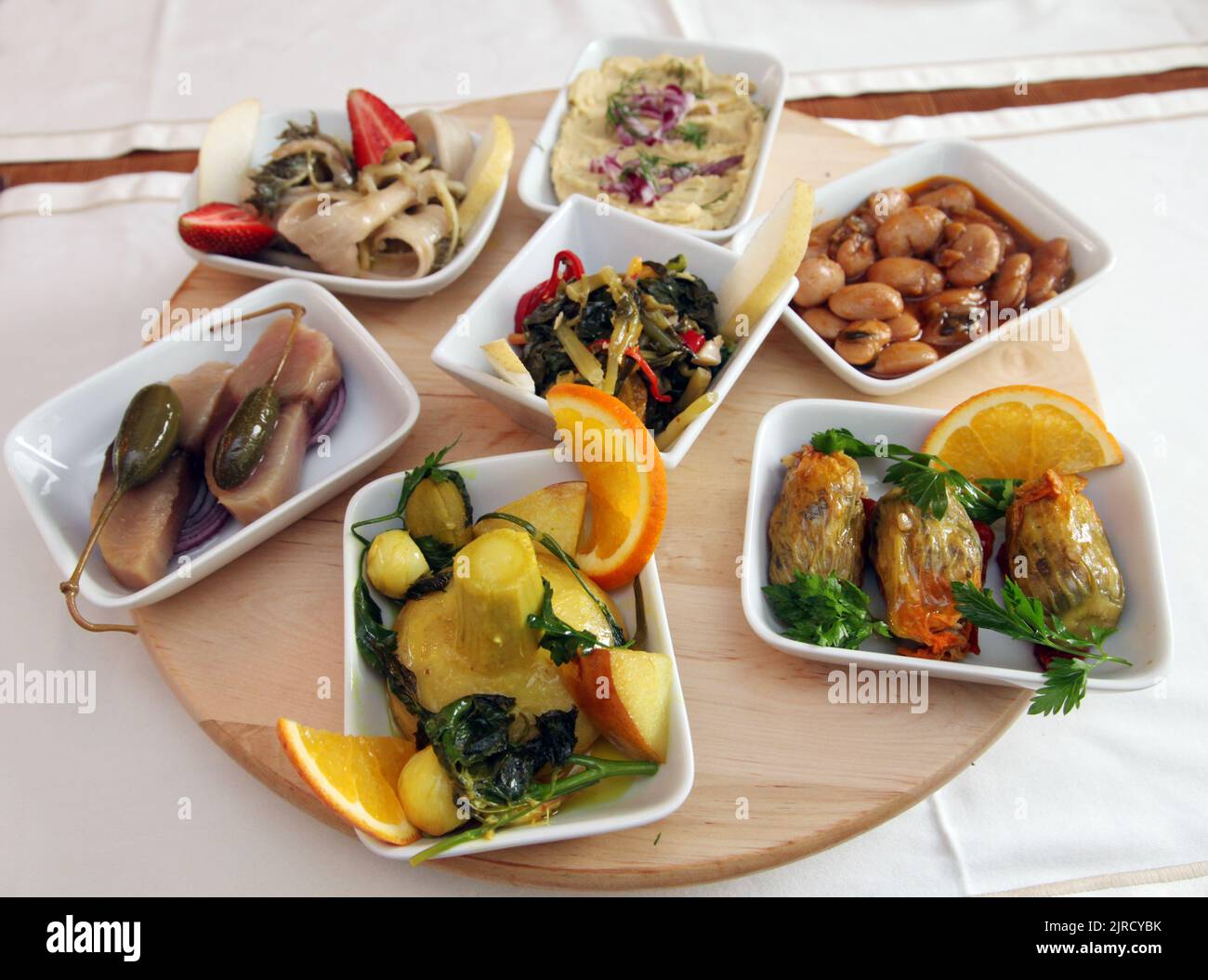 Traditional Turkish appetizer foods (Turkish meze) on the restaurant