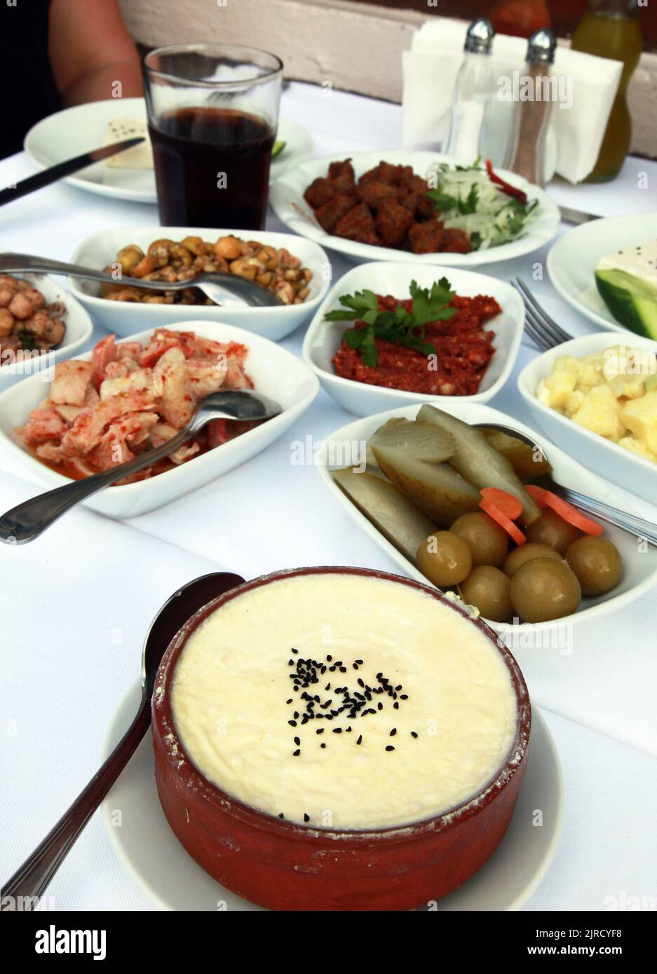 Traditional Turkish yogurt and appetizer foods (Turkish meze) on the