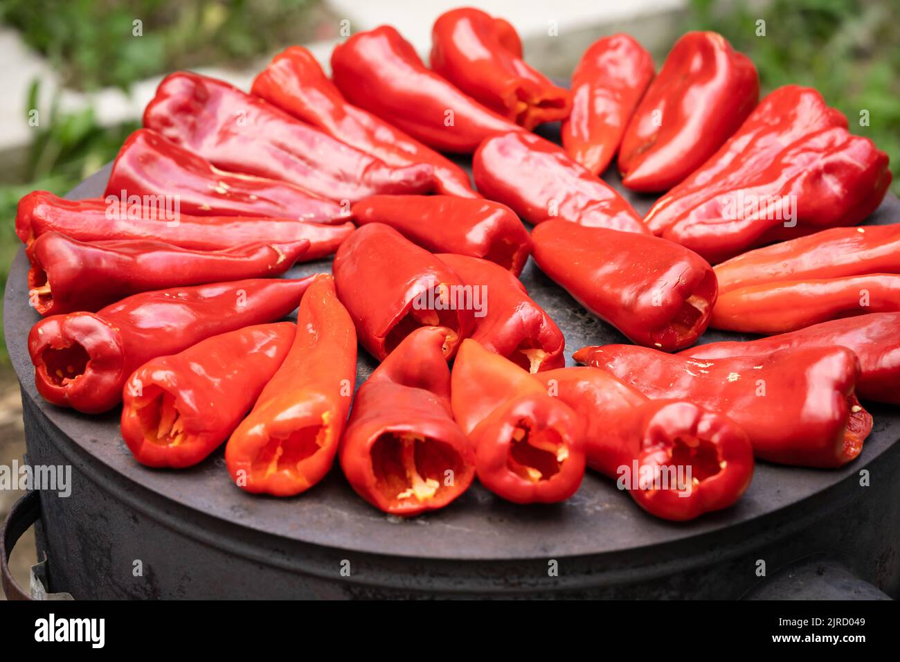 roasting paprika for winter provisions red organic peppers on the stove