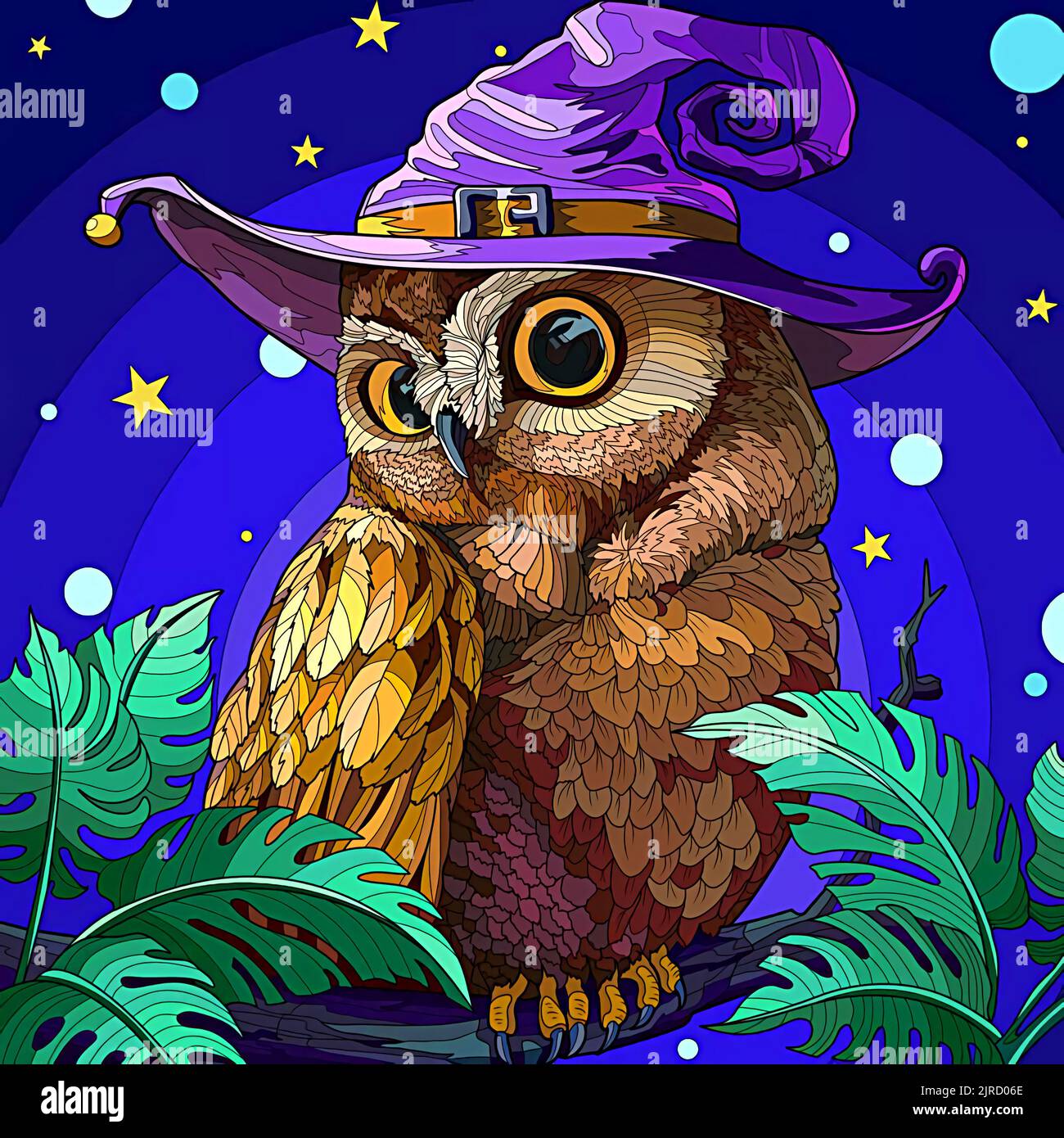 illustration of an owl in a witch’s hat with the theme of night, leaves