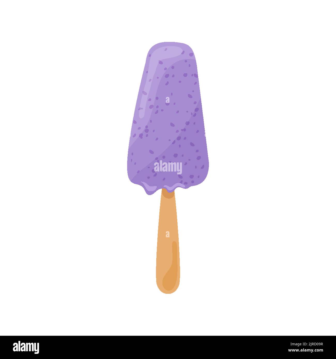 Purple blueberry berry ice cream on a stick flat. Sweet frozen dessert with berry pieces natural cooling snack. Doodle sloppy style sticker label dairy summer kids holiday for business craft isolated Stock Vector