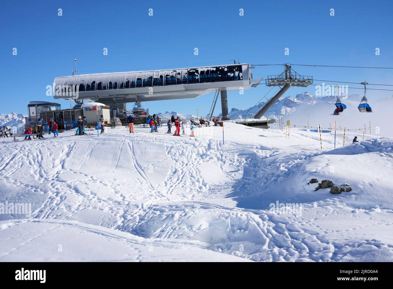 Chairlift Top Station In Aletscharena Ski Resort On A Sunny Winter Day. Bettmeralp, Valais, Switzerland Stock Photo