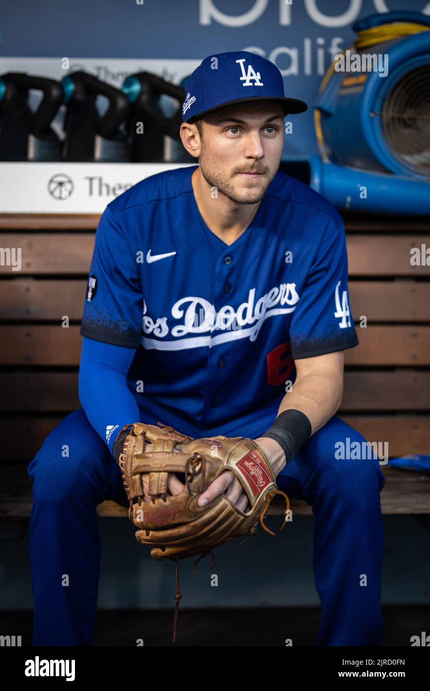 Los Angeles Dodgers shortstop Trea Turner (6) during a MLB game against the Milwaukee Brewers, Monday, August 22, 2022, at Dodger Stadium, in Los Ange Stock Photo