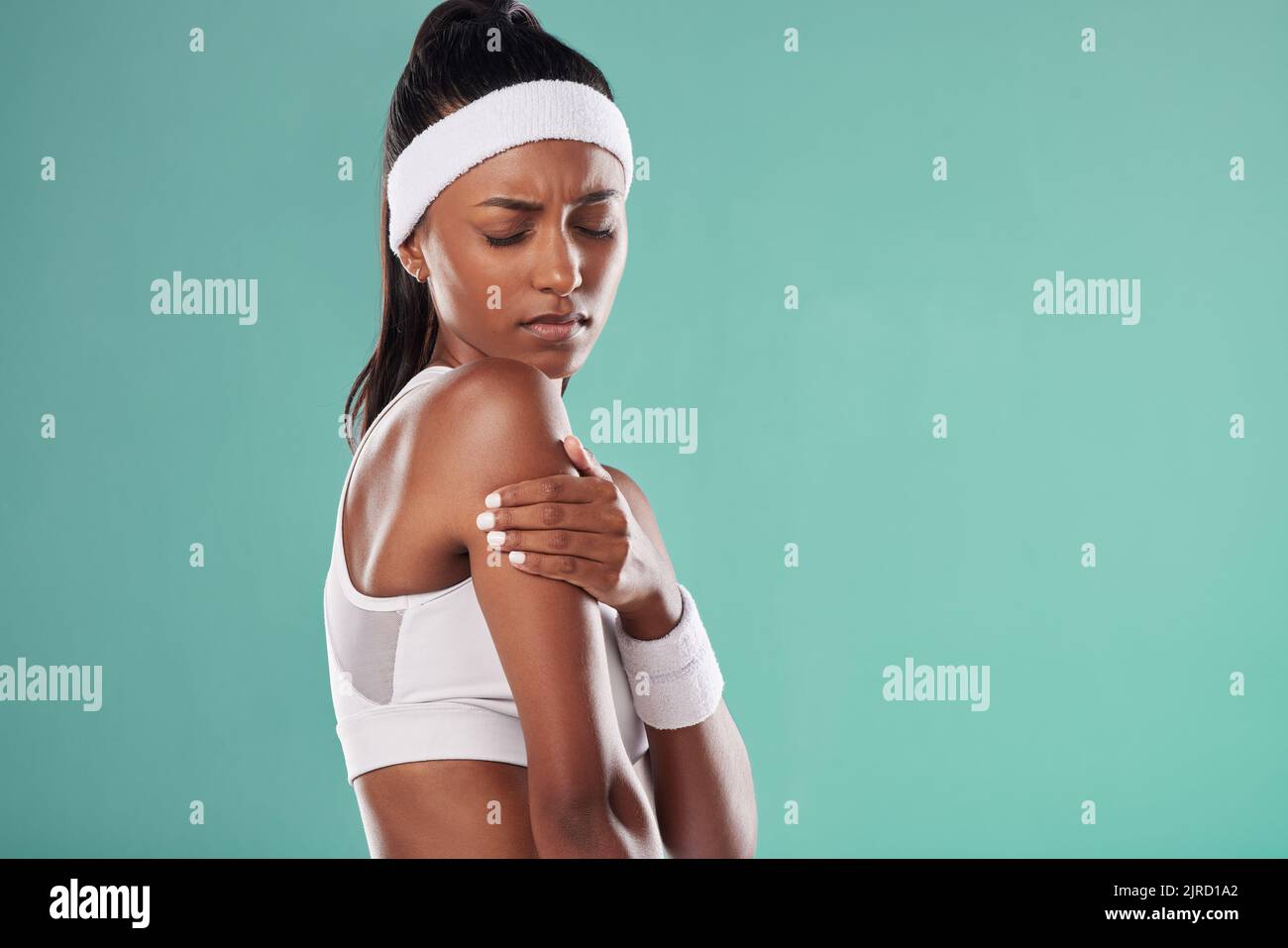 Sports injury, arm pain and tennis player suffering with sore muscles