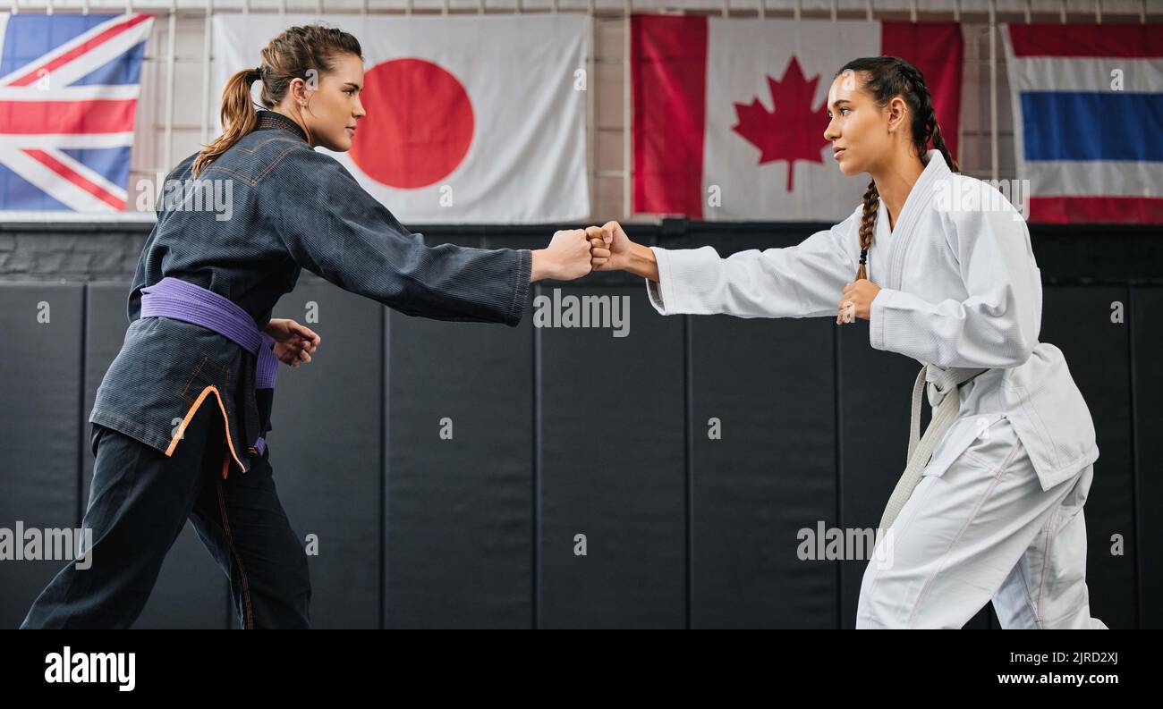 Women, martial arts and karate at a dojo for workout, exercise or