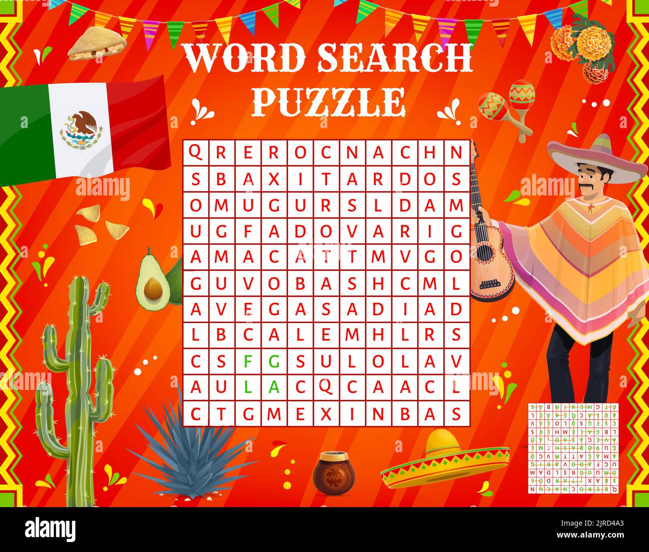 Mexican musician, sombrero, flag and food. Word search puzzle game worksheet. Kids quiz grid, riddle or vocabulary vector game with mexican maracas, cactus and agave, marigold, avocado and quesadilla Stock Vector