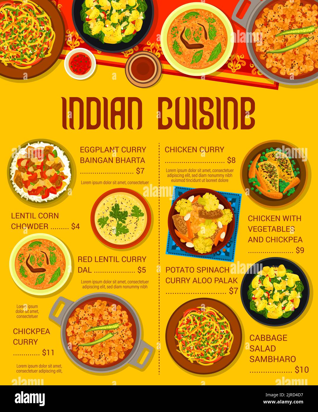 Indian cuisine meals menu page template. Chickpea, chicken and Aloo Palak curry, Cabbage salad Sambharo, corn chowder and chicken with vegetables and chickpea, Dal and eggplant Baingan Bharta curry Stock Vector