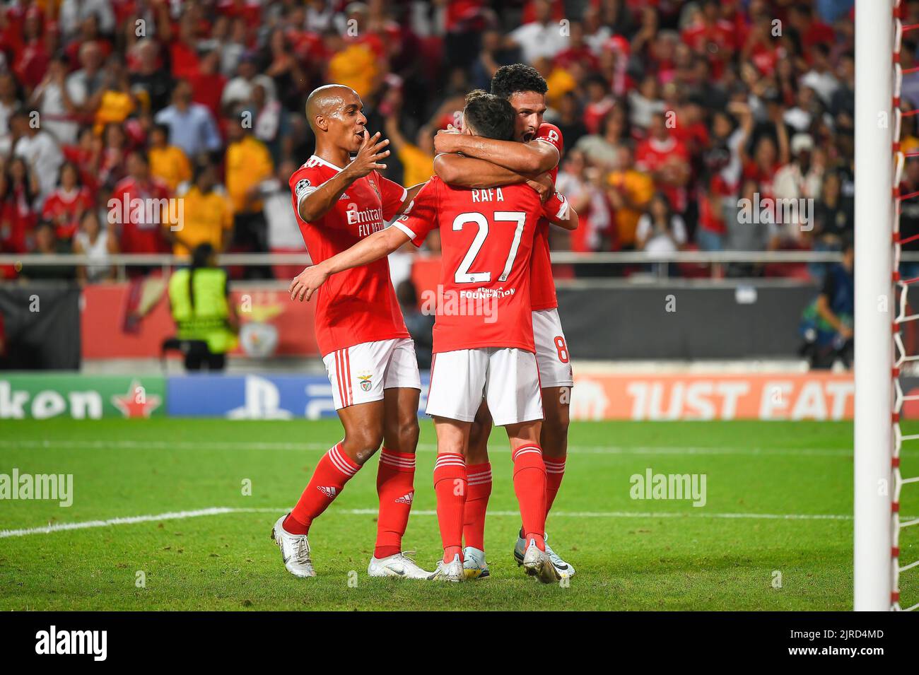 Lisbon, Portugal. 23rd Aug, 2022. Joao Mario from Benfica (L), Rafa Silva from Benfica (C) and Goncalo Ramos from Benfica (R) in action during UEFA Champions League Play-Offs 2nd Leg match between Benfica and Dynamo Kyiv at Estadio da Luz. Final score: Benfica 3:0 Dynamo Kyiv. Credit: SOPA Images Limited/Alamy Live News Stock Photo