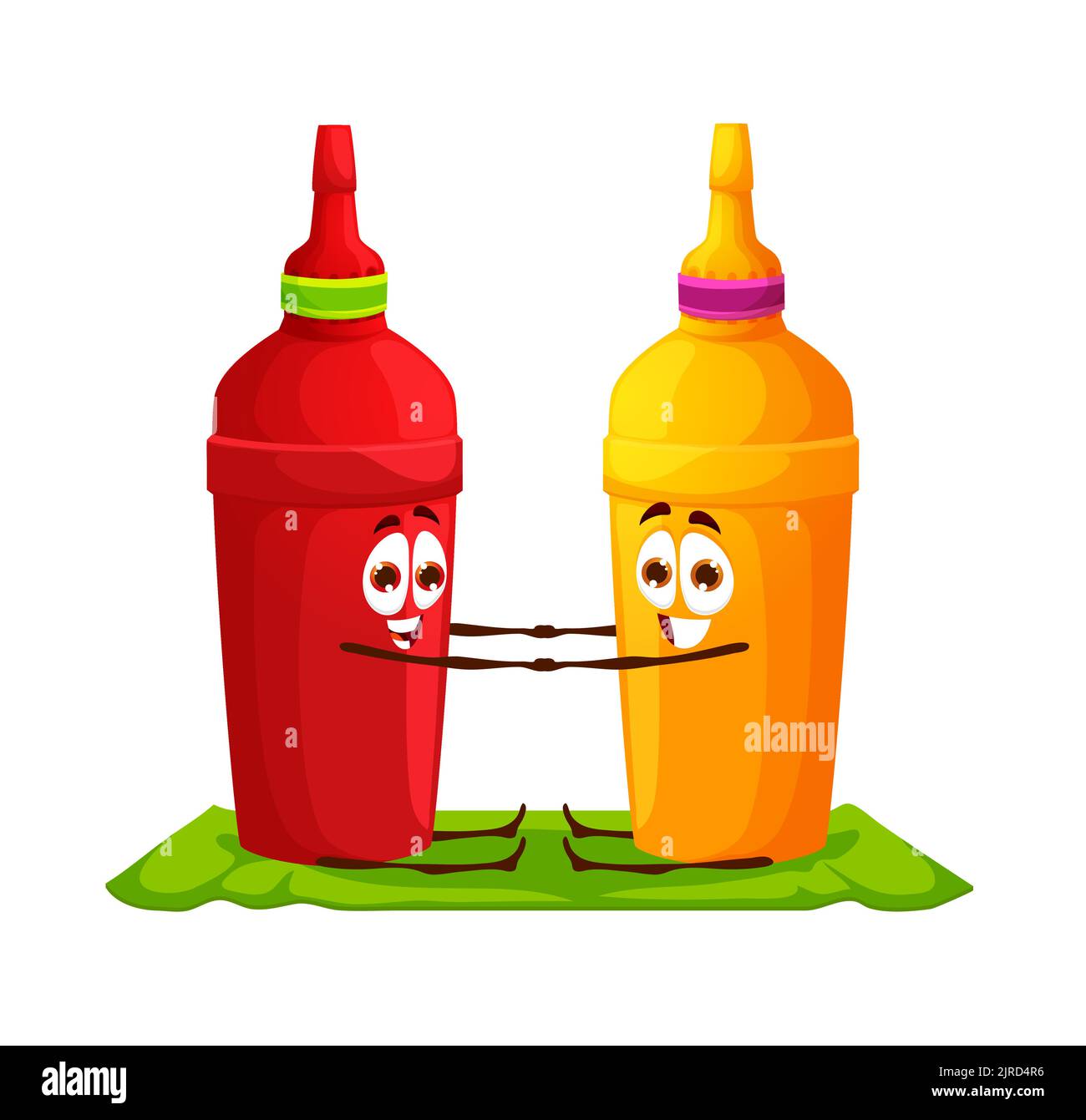 Cartoon ketchup and mustard bottle characters on yoga fitness. Fast