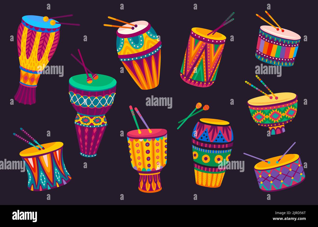 Brazilian and african drums, cartoon music instruments with traditional ornament. Vector Africa or Brazil ethnic or Latin folk percussion drums with drumsticks, carnival band djembe or cuica drums Stock Vector