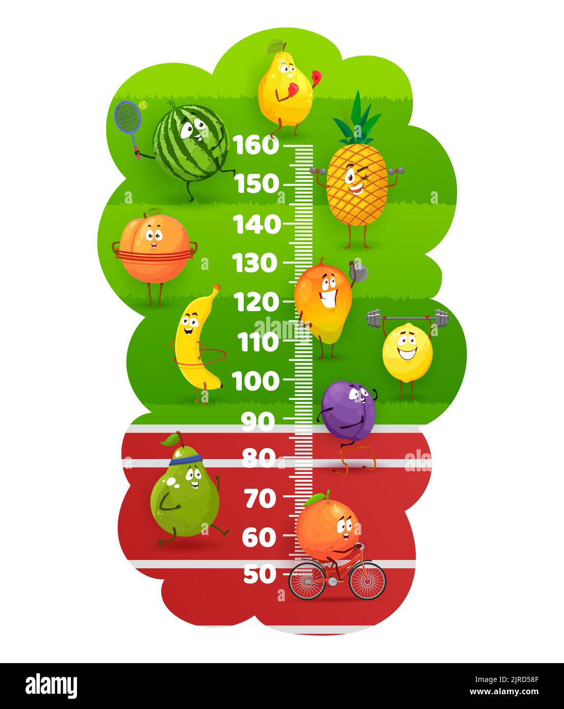 Happy fruits on a stadium field kids height chart. Vector growth meter